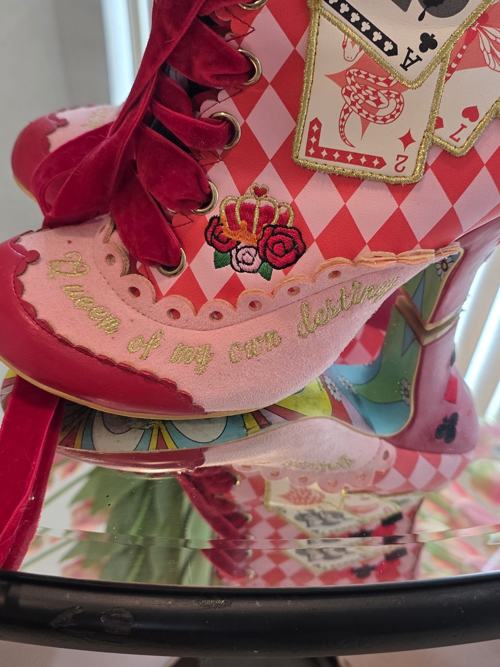 Irregular Choice Pink Red Card-Detail Lace-Up Heels